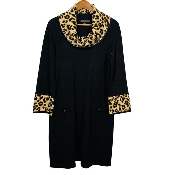 Jessica Howard Knit Shift Dress Cowl Neck Black Animal Accent - L - Picture 1 of 5